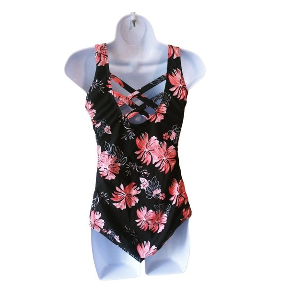 - ⛱️SWIMSUIT ONE PIECE BLACK WITH FLORAL DESIGN NWOT - Picture 4 of 6
